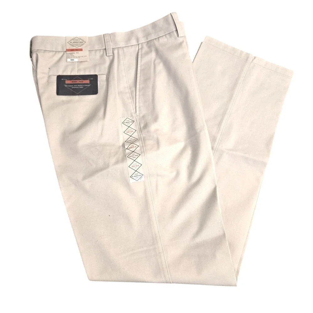 St Johns Bay Men's Worry Free Classic Fit Flat Front Pants 32x34 Stone Khaki NWT